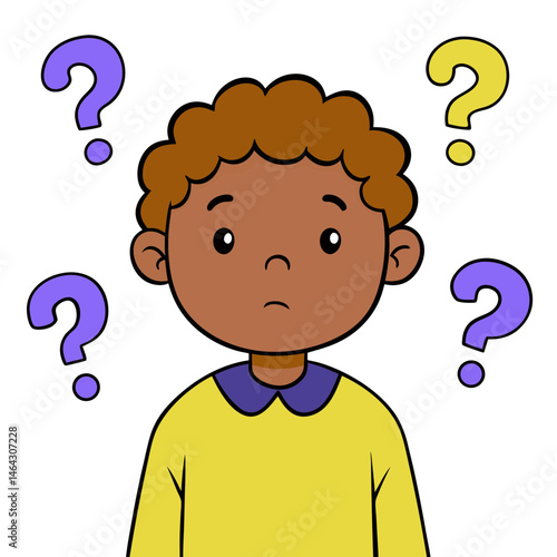 Curious boy with questions, wondering in a simple cartoon style