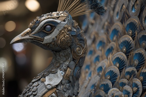 Detailed steampunk peacock sculpture, crafted from recycled components.