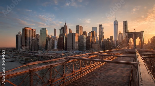 Stunning golden hour view of New York City skyline from Brooklyn, featuring Manhattan skyscrapers glowing at sunset by the East River.