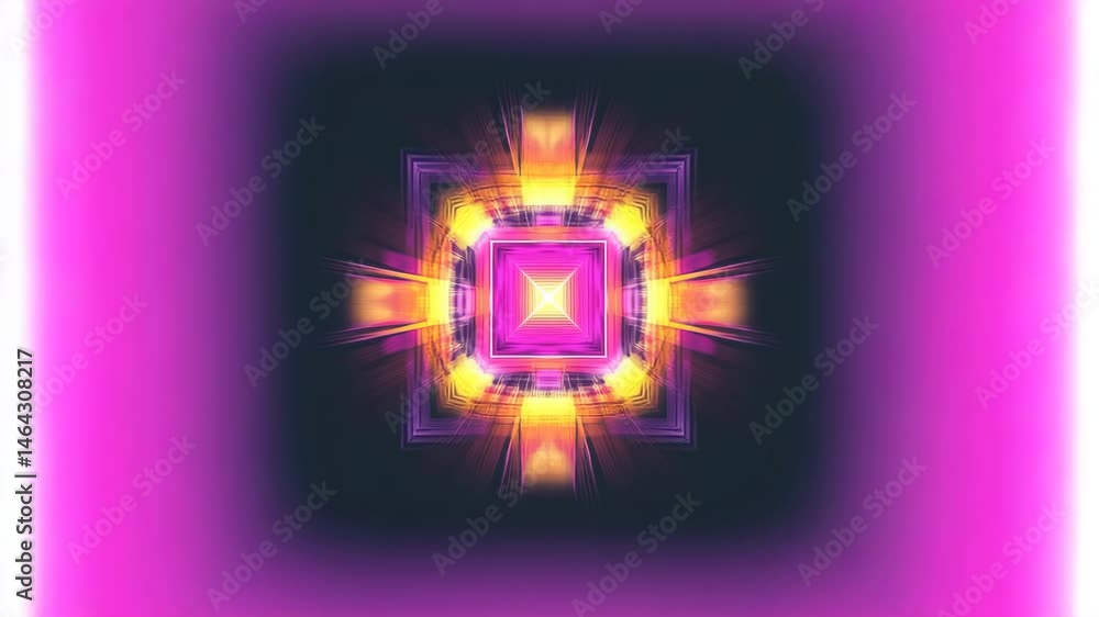 Hypnotic neon burst animation with glowing pink and yellow geometric shapes radiating from the center. Ideal for VJ loops and abstract digital visuals.

