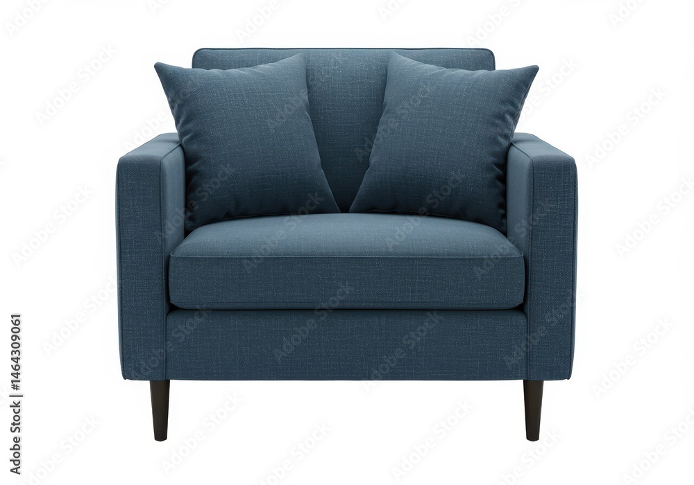 Studio shot of a modern blue armchair with two pillows isolated on a white background, showcasing furniture design Studio shot of a modern blue armchair with two pillows isolated on a white background, showcasing furniture design