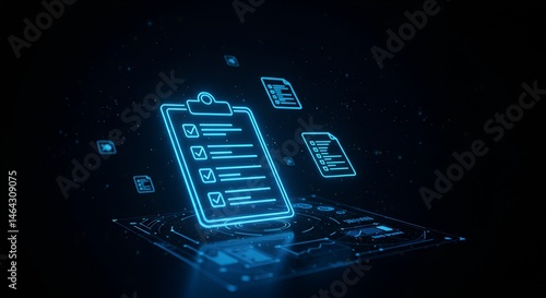 Digital checklist concept with neon blue glowing icons representing task completion and progress