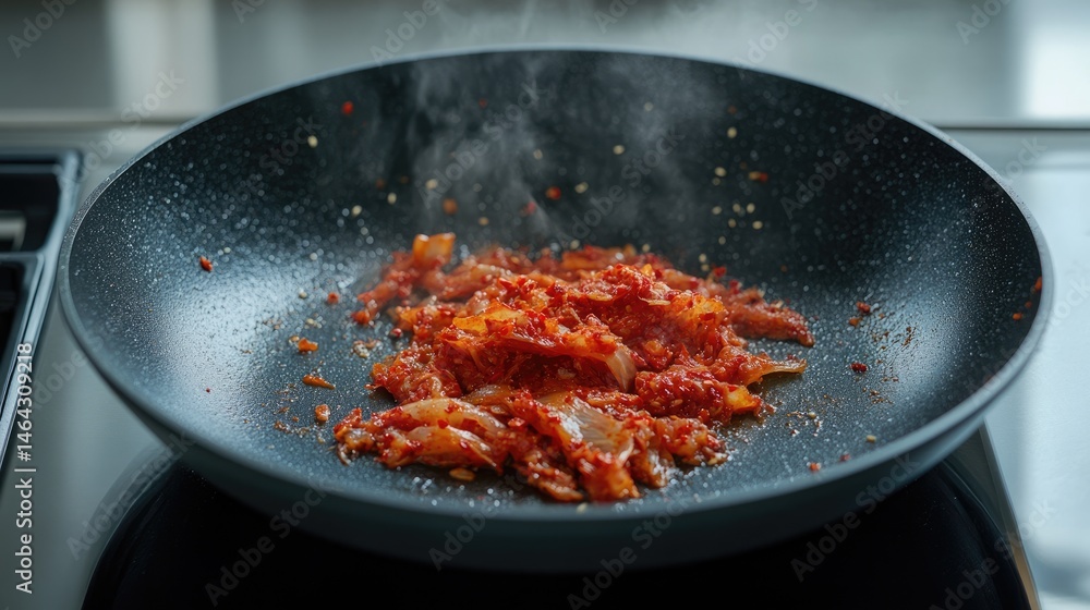 Hot skillet on stove top with kimchi mixture slightly charred Hot skillet on stove top with kimchi mixture slightly charred