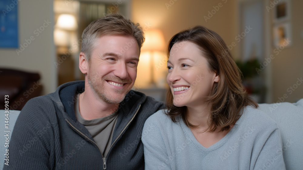Cozy Couple Enjoying Laughter in a Warm Living Room Scene Cozy Couple Enjoying Laughter in a Warm Living Room Scene