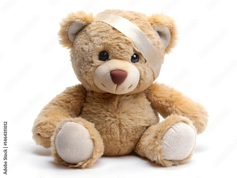 Obraz premium Teddy bear with bandage isolated on white background.