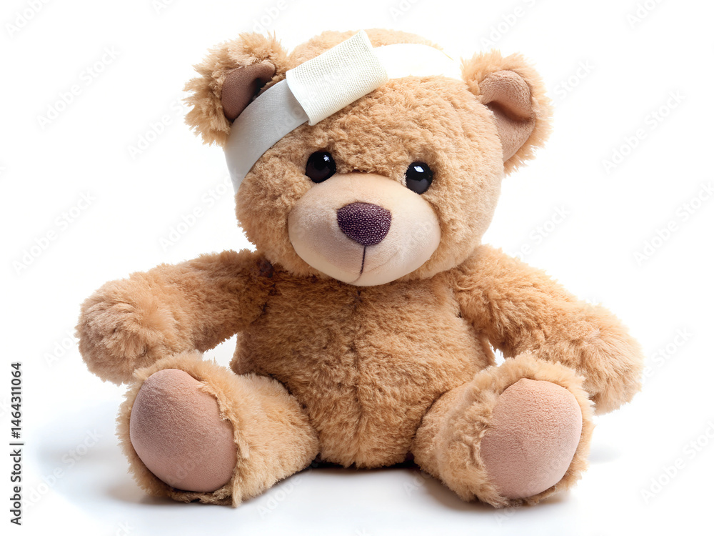 Fototapeta premium Teddy bear with bandage isolated on white background.