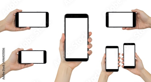 Hands holding smartphones with blank white screens for digital mockups and designs
