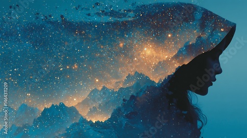 Cosmic Dreamscape Girl with Mountains, and Stars.