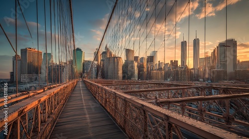 Stunning golden hour view of New York City skyline from Brooklyn, featuring Manhattan skyscrapers glowing at sunset by the East River.