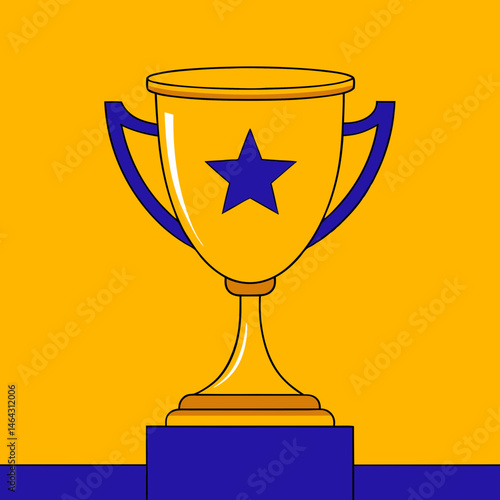 Award trophy with star in bright colors on yellow background, achievement symbol, copy space