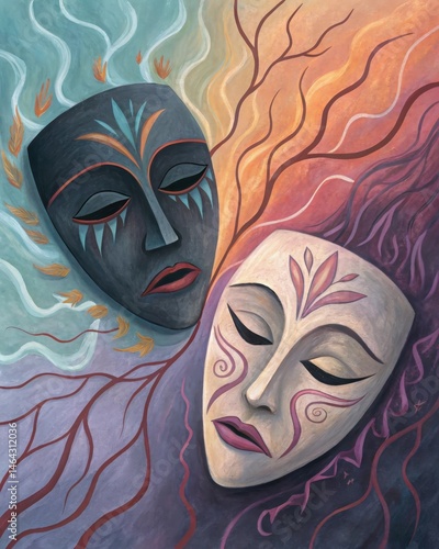 Two contrasting clay masks one representing anxiety with jagged features and dark colors the other embodying calmness with soft lines and vibrant hues highlighting emotional
