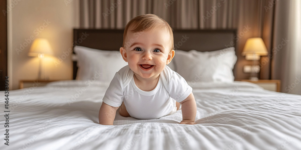 A happy baby crawling on a bed, pure joy and innocence captured in a heartwarming image. A happy baby crawling on a bed, pure joy and innocence captured in a heartwarming image.
