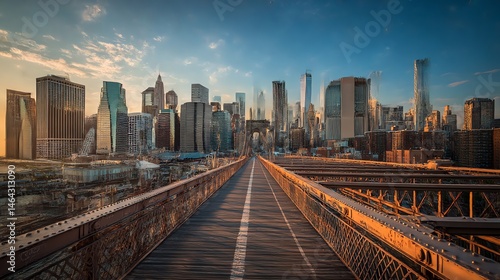 Stunning golden hour view of New York City skyline from Brooklyn, featuring Manhattan skyscrapers glowing at sunset by the East River.