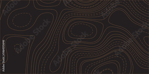 "Create a seamless dark topographic background with fine, contour-style elevation lines in a warm copper or bronze hue. The pattern should feature organic, flowing curves and concentric shapes, evokin