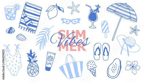 Collection of hand-drawn summer beach items. Summer vacation and travel concept. Flat lay composition