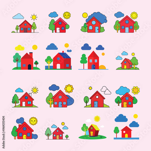 Little Red House Illustration with Tree and Sunny Sky.