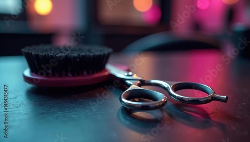 Wallpaper Mural Close-up of scissors and hairbrush on a salon counter, hair treatment, styling products Torontodigital.ca