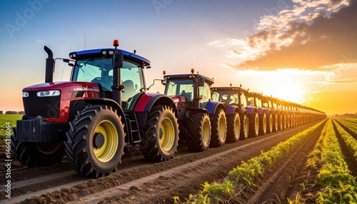 Multiple Tractors on a Farm at Sunset