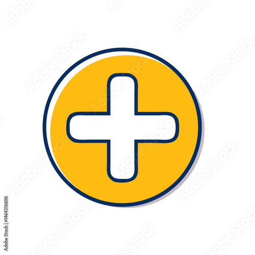 Plus sign icon in vibrant style on yellow circle background, simple concept, copy space