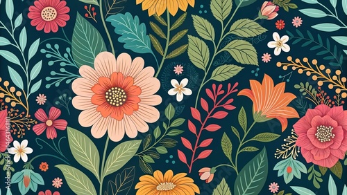 A vibrant and detailed floral pattern with a rich, dark background color
