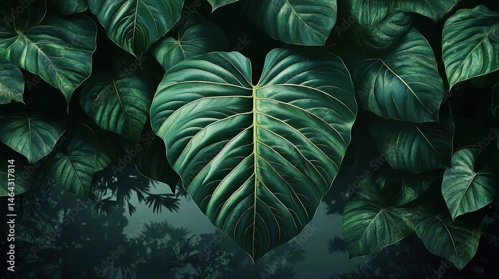 custom made wallpaper toronto digitalA group of dark-green monstera leaves with a large heart-shaped leaf at the center, surrounded by smaller leaves on a dark background.