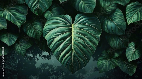 Wallpaper Mural A group of dark-green monstera leaves with a large heart-shaped leaf at the center, surrounded by smaller leaves on a dark background. Torontodigital.ca