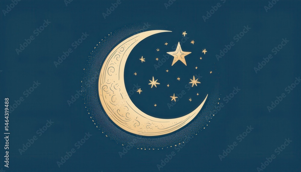 Naklejka premium gold crescent moon with glowing stars on dark blue sky background for ramadan theme, perfect for web design, print, or spiritual branding