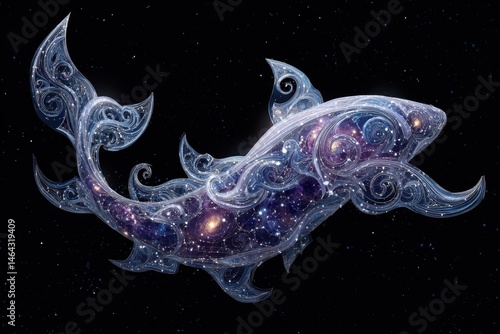 Cosmic shark design with intricate star patterns.