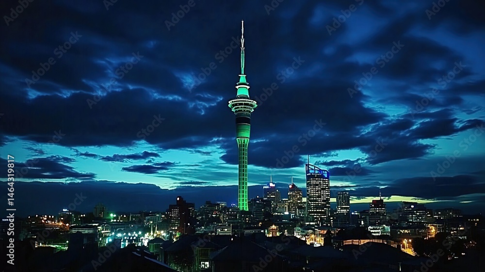 Obraz premium A nighttime cityscape featuring a tall illuminated tower among buildings under cloudy dark sky.