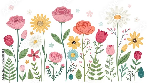 Wallpaper Mural Colorful floral illustration with roses, daisies and other flowers on a white background Torontodigital.ca