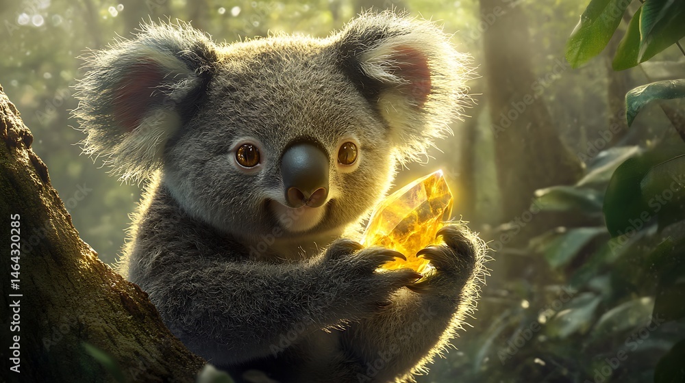 Obraz premium A cheerful koala holding a glowing crystal