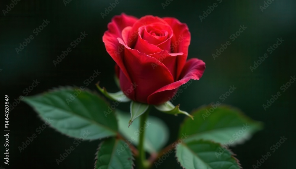 Single red rose with green leaves, close-up detail, floral design, petal Single red rose with green leaves, close-up detail, floral design, petal