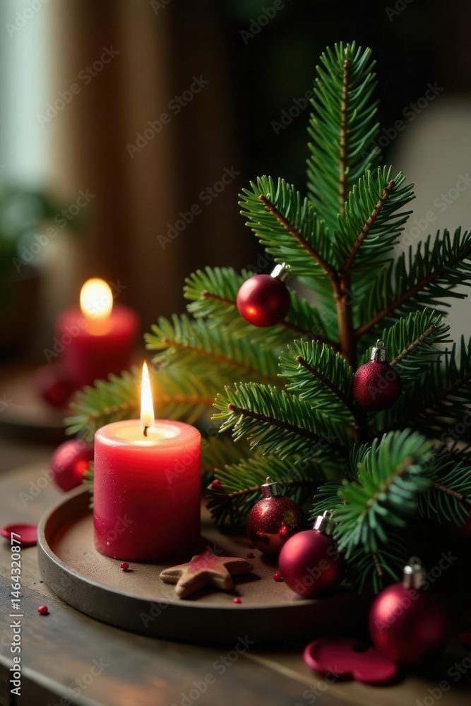 Small conifer with burning candle, simple Christmas arrangement, ample copy space , macro, winter, xmas Small conifer with burning candle, simple Christmas arrangement, ample copy space , macro, winter, xmas