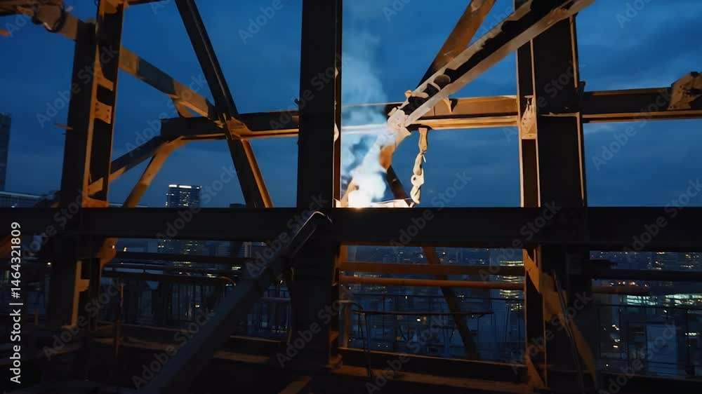 Old industrial architecture featuring a rusty ship near an abandoned concrete structure under a steel bridge Old industrial architecture featuring a rusty ship near an abandoned concrete structure under a steel bridge