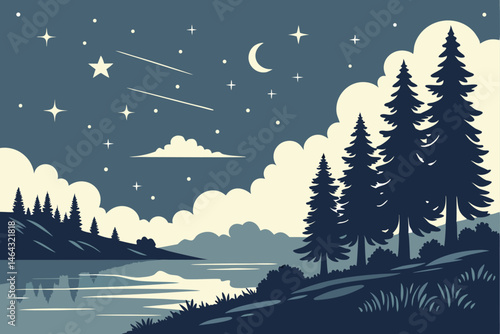 52 Night sky, starry constellation, twinkling stars, calm lake reflection, silhouetted pine forest, moonlit clouds, ethereal atmosphere, serene landscape, deep blue hues, starlight shimmer, tranquil w