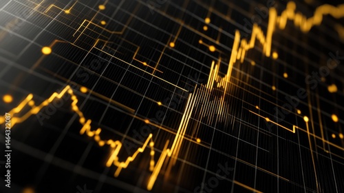 Abstract Golden Stock Market Chart on Dark Background, Financial Data Visualization