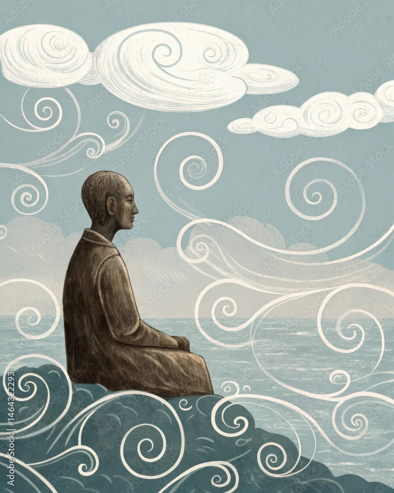 A bronze sculpture of a person surrounded by swirling clouds symbolizing inner thoughts being gently pushed away representing the practice of releasing distractions.