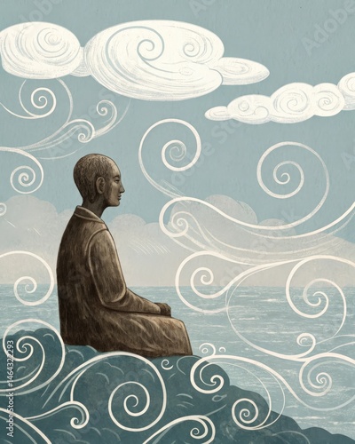 A bronze sculpture of a person surrounded by swirling clouds symbolizing inner thoughts being gently pushed away representing the practice of releasing distractions.