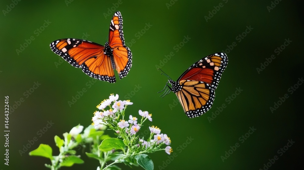 Obraz premium Close up of two vibrant monarch butterflies with orange and black patterned wings flying above a cluster of white and pink flowers on a lush green background