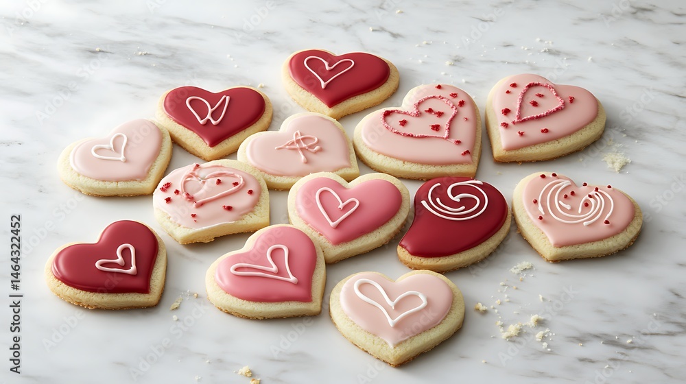 Fototapeta premium A collection of heart-shaped cookies decorated with red and pink icing