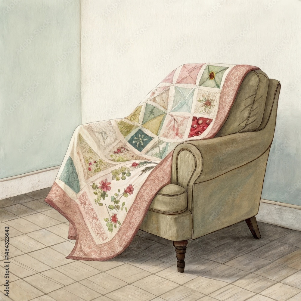 A faded quilt draped over an armchair each patch telling stories of comfort and nostalgia revealing a desire for warmth and connection in an everchanging world.