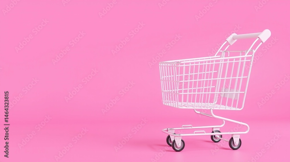 Empty white supermarket cart on pink Background. Design for shopping and retail with copy space Empty white supermarket cart on pink Background. Design for shopping and retail with copy space