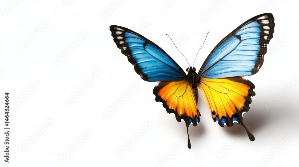 Obraz premium Vibrant Blue and Yellow Butterfly with Open Wings Showcasing Intricate Details and Bright Colors Isolated on White Background for Nature and Butterfly Enthusiasts