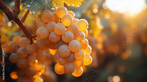 Sunlit dew-covered grapes glowing in vineyard