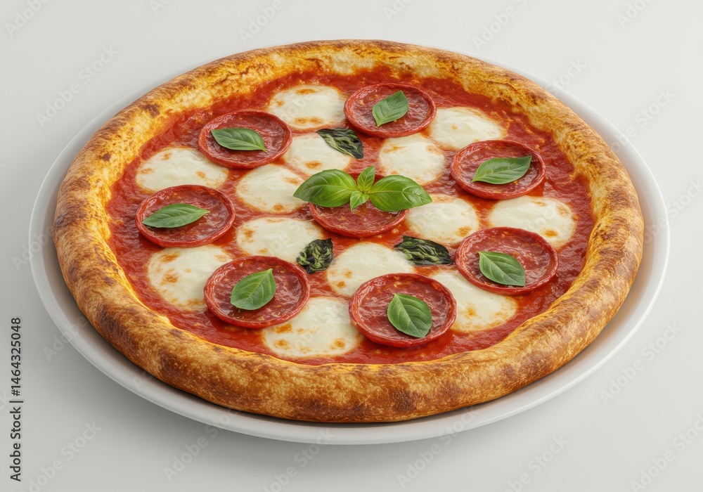 Delicious pepperoni pizza with mozzarella and basil on a white plate Delicious pepperoni pizza with mozzarella and basil on a white plate