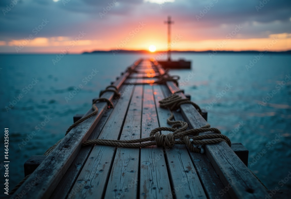 Fototapeta premium Serene sunset view from a wooden pier extending into the calm sea
