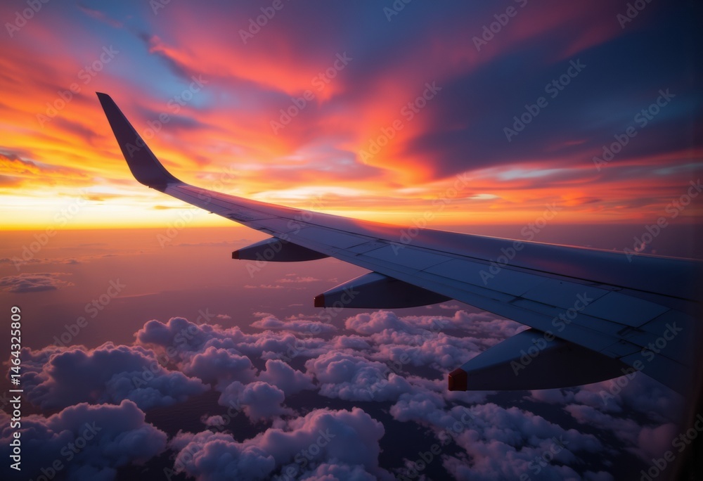 Obraz premium Airplane wing against a vibrant sunset sky with colorful clouds
