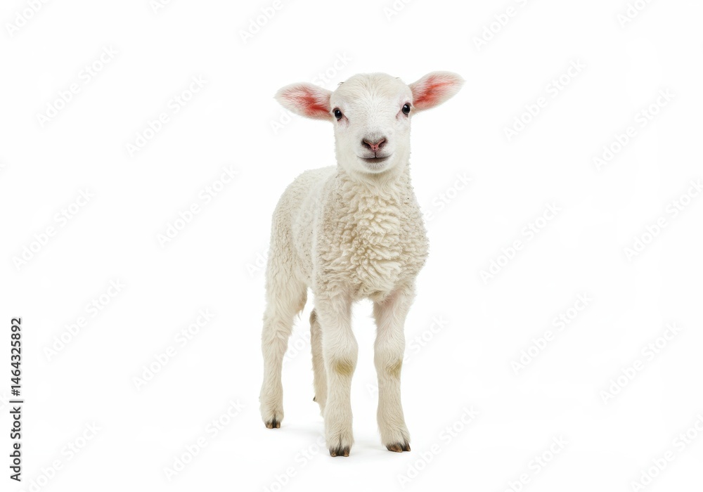 Fototapeta premium Full body view of a white lamb standing on a white background