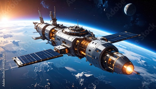 Spaceship Flying Over Earth in Outer Space