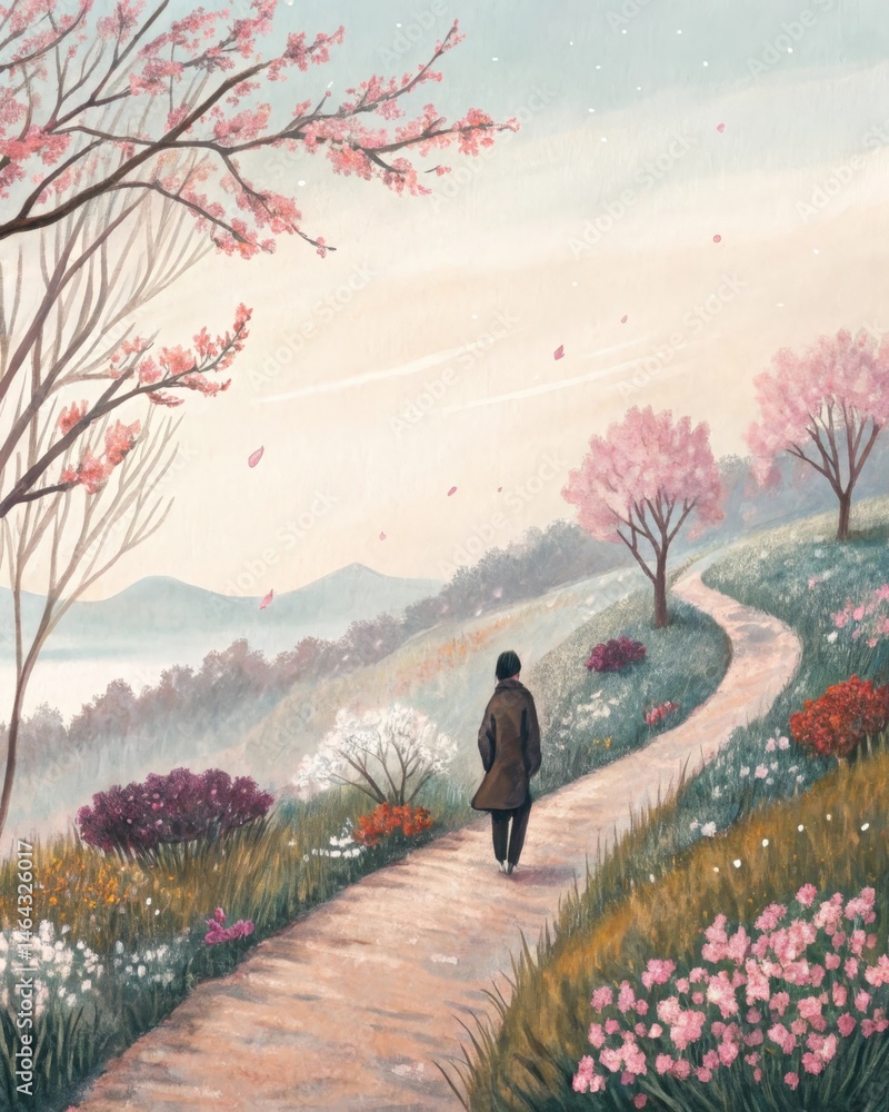 An individual walking on a path lined with blossoming flowers symbolizing the journey towards healing and the beauty that forgiveness can bring.